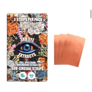 "3rd Eye Extracts Magic Mushroom Strips packaging, featuring 1.5g psilocybin-infused strips with unique designs for microdosing or larger experiences."