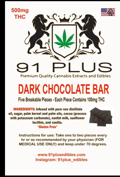 "Indulge in 91+ Edibles' Dark Chocolate Bar, delivering 500mg of THC for a rich and satisfying cannabis experience." "Indulge in 91+ Edibles' Dark Chocolate Bar, delivering 500mg of THC for a rich and satisfying cannabis experience."