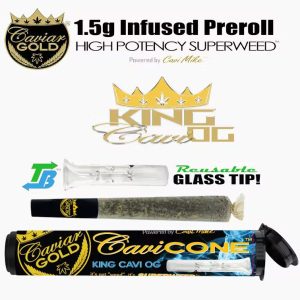 “Caviar Gold King Cavi OG Infused Pre-Roll – 1.5g Superweed with Glass Tip” “Caviar Gold King Cavi OG 1.5g infused pre-roll with high potency cannabis and reusable glass tip, packaged in a premium CaviCone tube.”