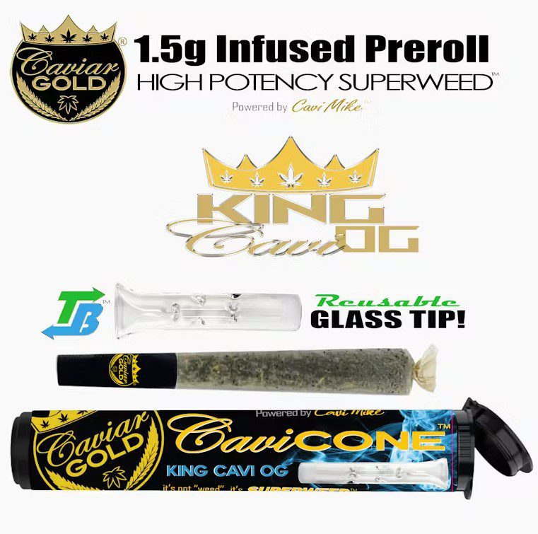 “Caviar Gold King Cavi OG 1.5g infused pre-roll with high potency cannabis and reusable glass tip, packaged in a premium CaviCone tube.”