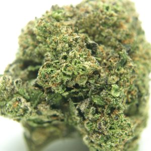 "Close-up of Ice Cream Cake cannabis strain featuring frosty trichomes, dense structure, and vibrant purple and green hues."